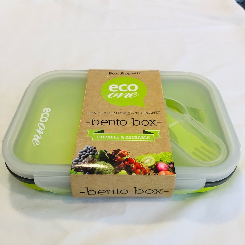 Bento Box Lunch Box Lime Green with Fork and Spoon Adults or Kids, Collapsible